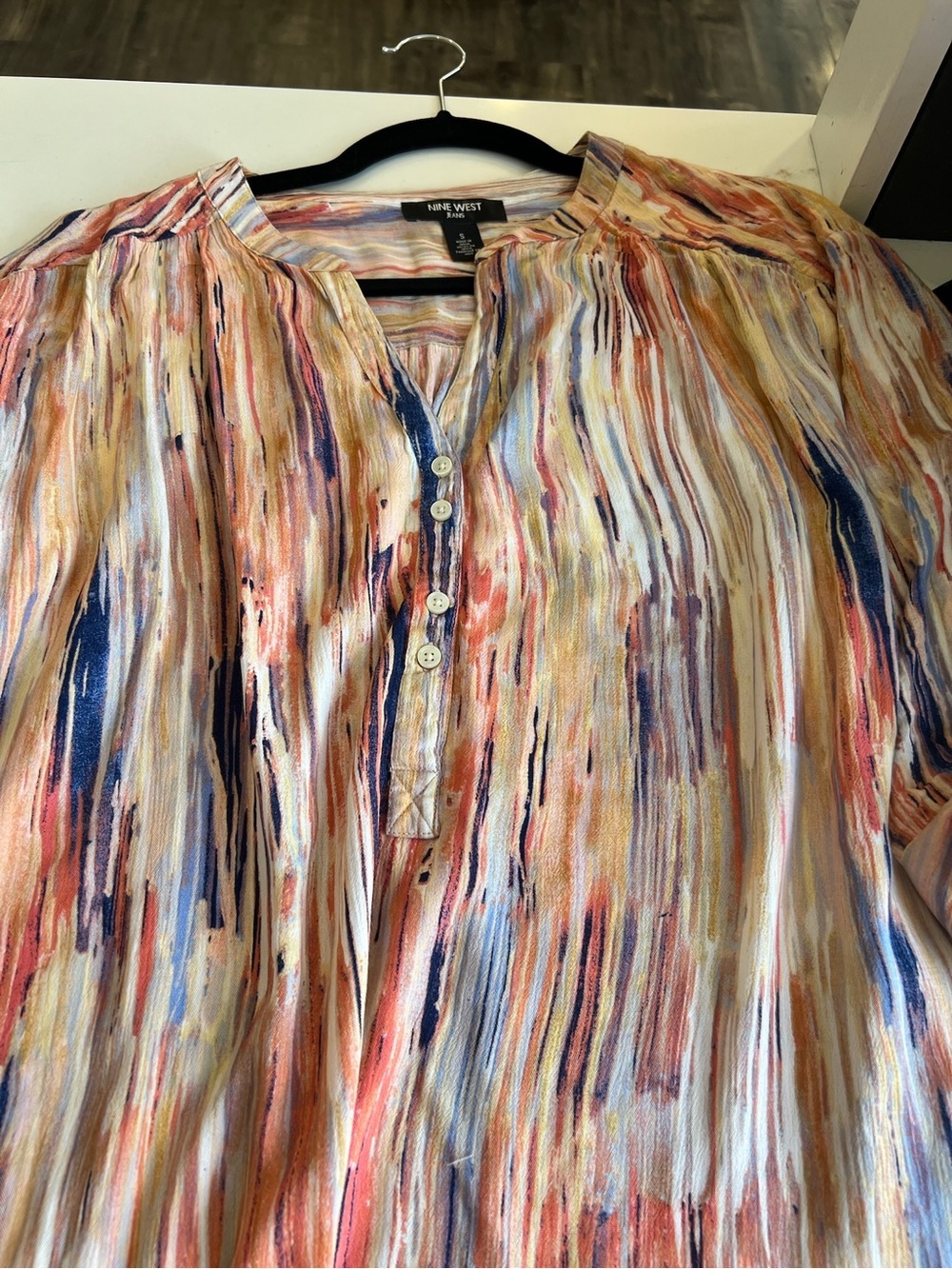 Nine West Painterly Striped Henley Blouse in Blue, Peach & Cream